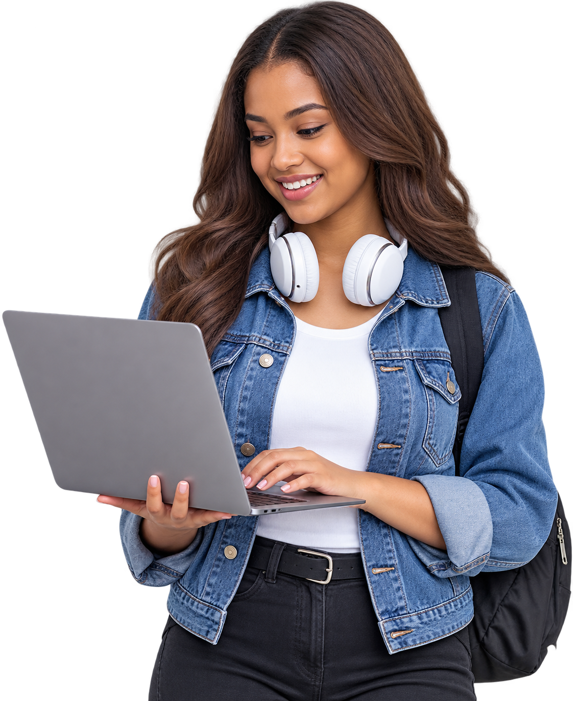 Student learning German online with a laptop